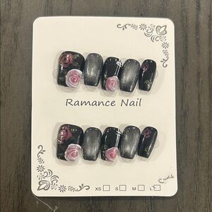 Large Size Black and Pink Floral Press-On Nails